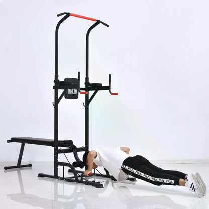 Multifunction Power Tower Home Workout Dip Station w/ Sit-up Bench Push-up Bars and Tension Ropes Fitness Equipment Gym Training