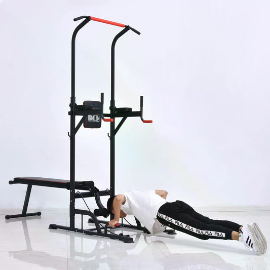 Multifunction Power Tower Home Workout Dip Station w/ Sit-up Bench Push-up Bars and Tension Ropes Fitness Equipment Gym Training