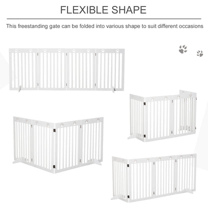 Freestanding Pet Gate 4 Panel Dog Barrier Folding Safety Fence with Support Feet up to 204cm Long 75cm Tall for Doorway Stairs White