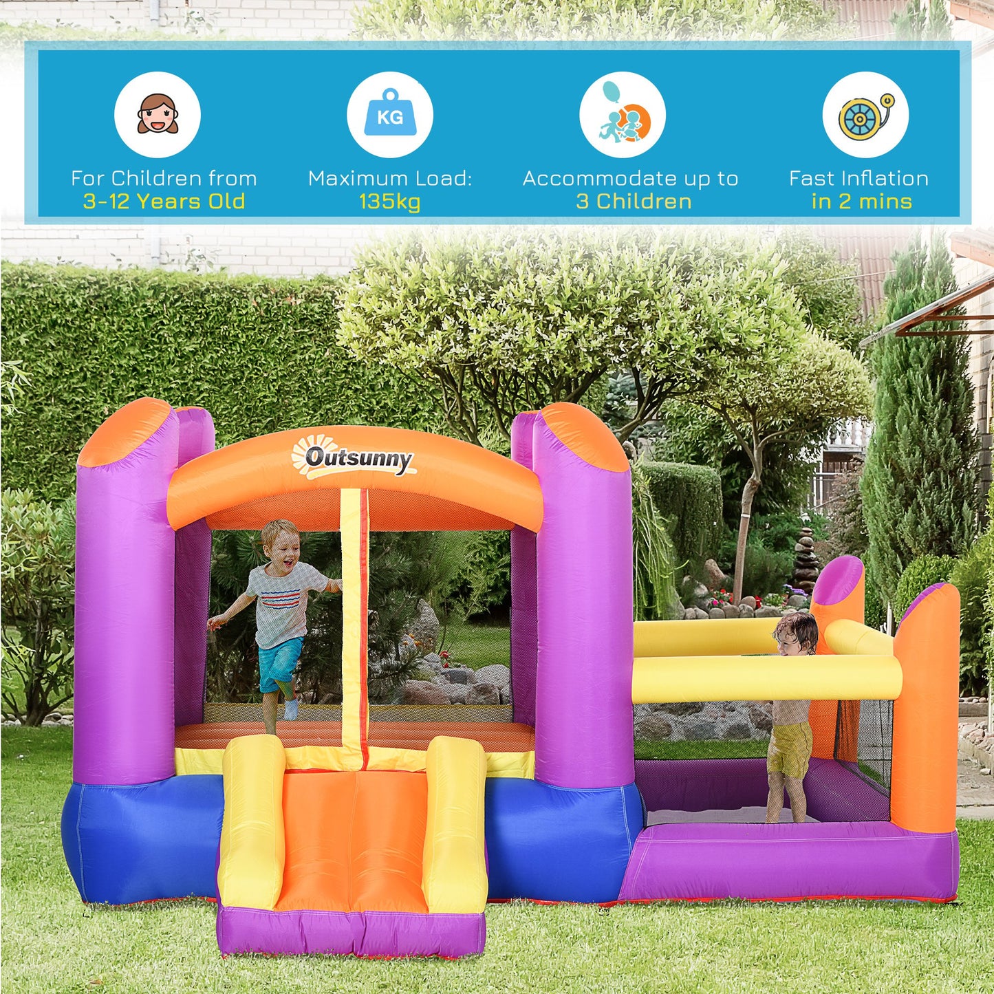 Kids Bounce Castle House Inflatable Trampoline Slide Water Pool 3 in 1 with Inflator for Kids Age 3-12 Multi-color 3 x 2.8 x 1.7m
