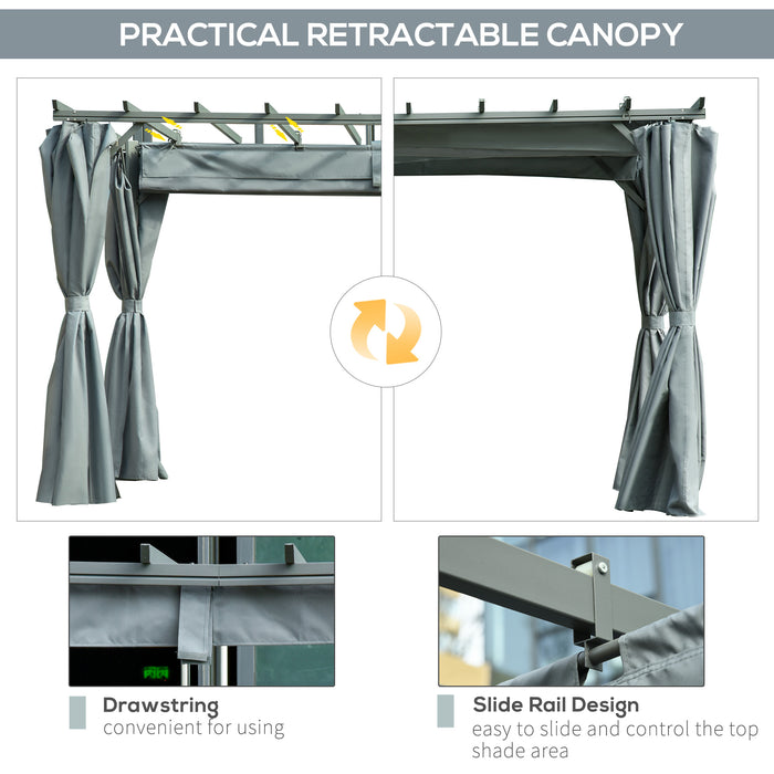 Outsunny 3.6 x 3(m) Outdoor Pergola with Retractable Roof and Curtains, Garden Gazebo Canopy Sun Shade Shelter with Aluminum Frame, Grey