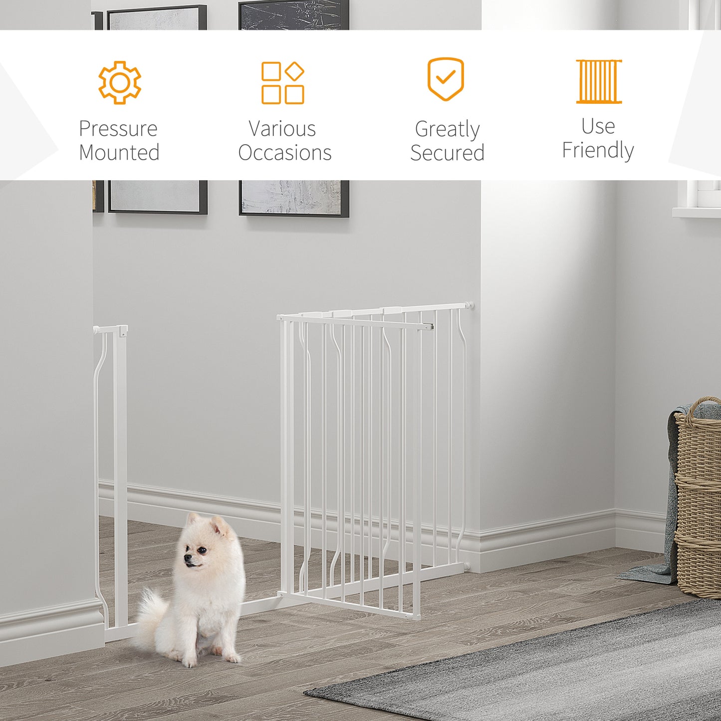 Dog Gate Wide Stair Gate w/ Door Pressure Fit Pets Barrier for Doorway, Hallway, 76H x 75-145W cm - White