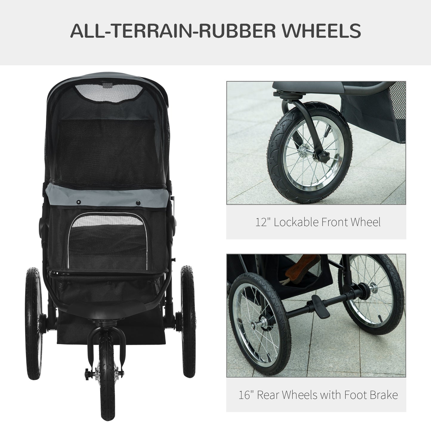 Pet Stroller Jogger for Medium, Small Dogs, Foldable Cat Pram Dog Pushchair w/ Adjustable Canopy, 3 Big Wheels - Grey