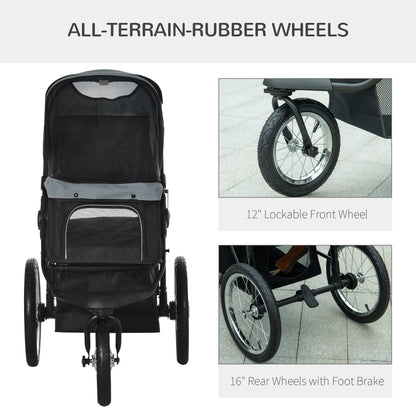 Pet Stroller Jogger for Medium, Small Dogs, Foldable Cat Pram Dog Pushchair w/ Adjustable Canopy, 3 Big Wheels - Grey