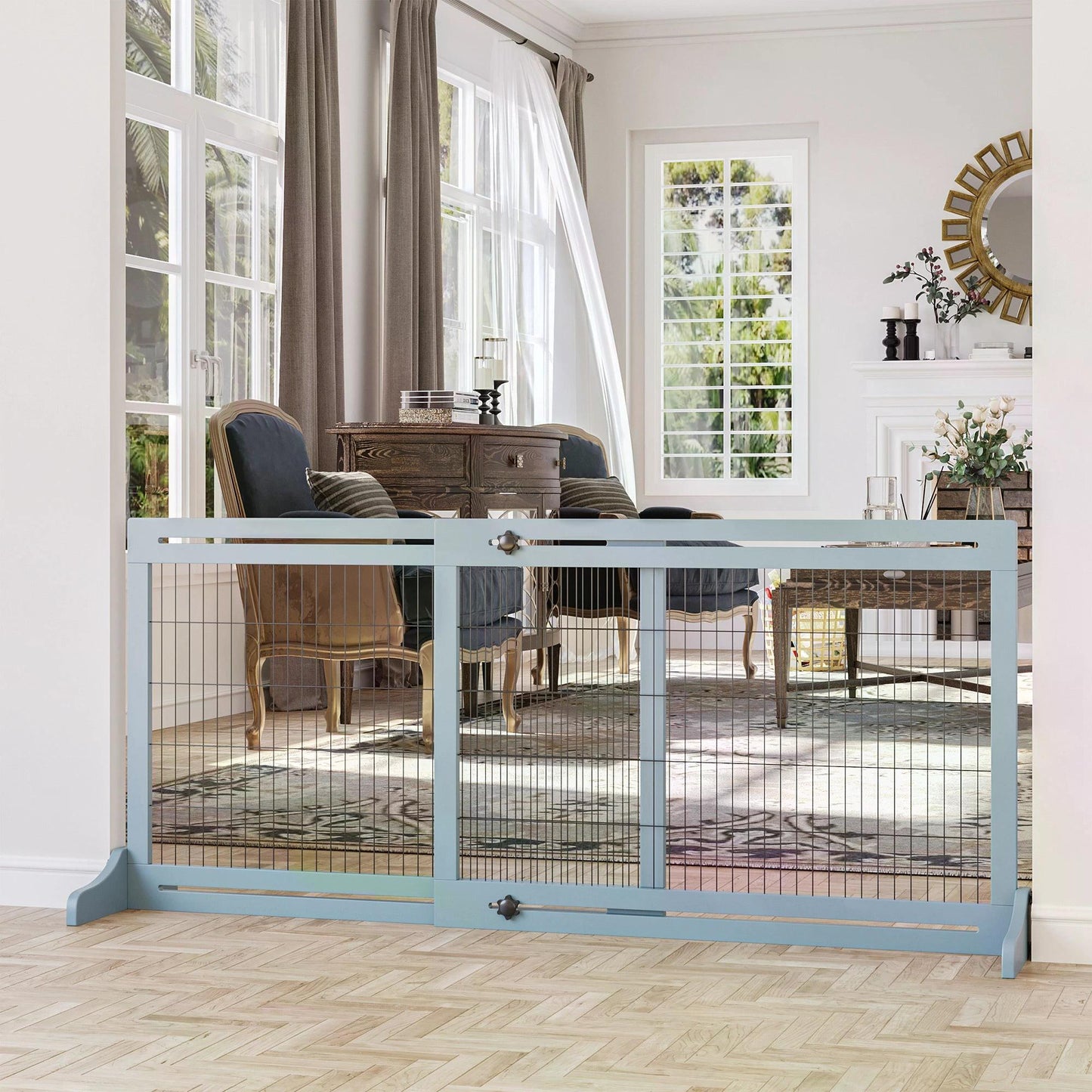 Freestanding Dog Gate, Foldable Pet Fence, Indoor Wood Barrier, Stair Gate with Support Feet, for Doorway, Hallway, Small and Medium Dogs, 69H x 104-183 cm, Blue-grey