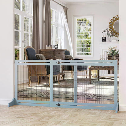 Freestanding Dog Gate, Foldable Pet Fence, Indoor Wood Barrier, Stair Gate with Support Feet, for Doorway, Hallway, Small and Medium Dogs, 69H x 104-183 cm, Blue-grey