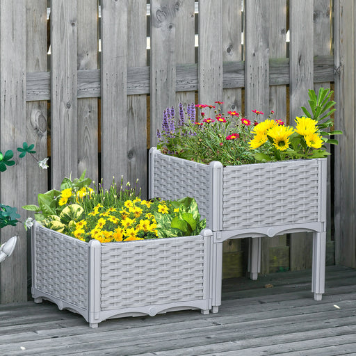 Outsunny 40cm x 40cm x 44cm Set of 2 26L Garden Raised Bed Elevated Patio Flower Plant Planter Box PP Vegetables Planting Container, Grey