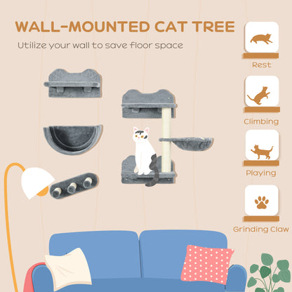 4PCs Wall Mounted Cat Tree Cat Wall Shelves Furniture Climbing Shelf Set Kitten Activity Centre w/ Hammock, Scratching Post - Grey