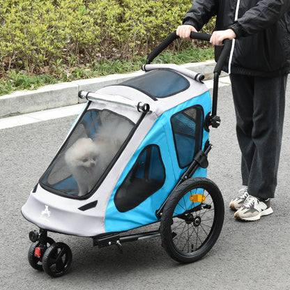 2 IN 1 Dog Bike Trailer Pet Carrier Stroller 360√Ç¬¨√Ç¬®√Ç¬¨√¢¬à¬û Rotatable Front Wheel Reflectors Parking Straps Hitch Coupler Cup Holder Water Resistant Blue
