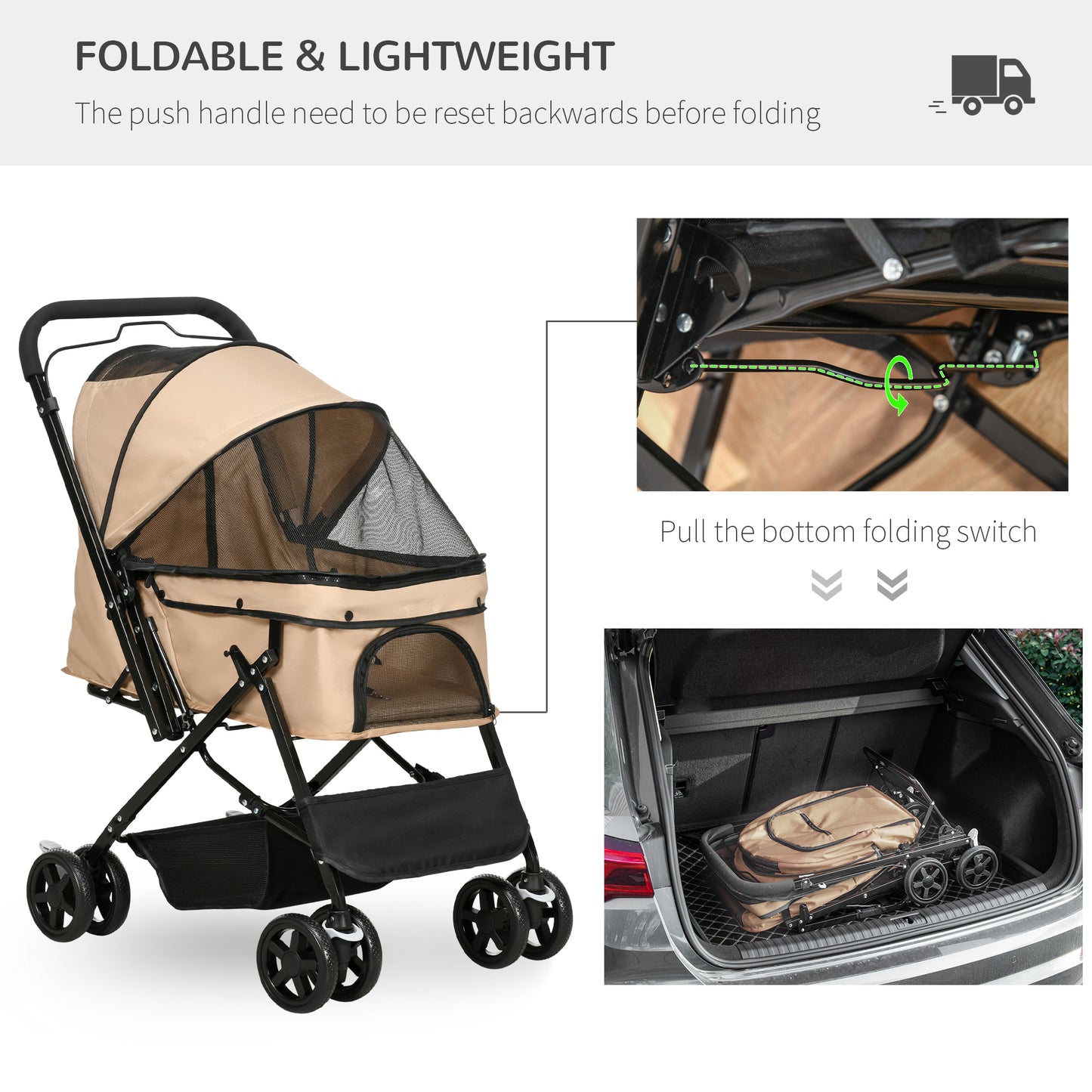 Pet Stroller Dog Cat Travel Pushchair Foldable Jogger with Reversible Handle EVA Wheel Brake Basket Adjustable Canopy Safety Leash for Small Dogs, Brown