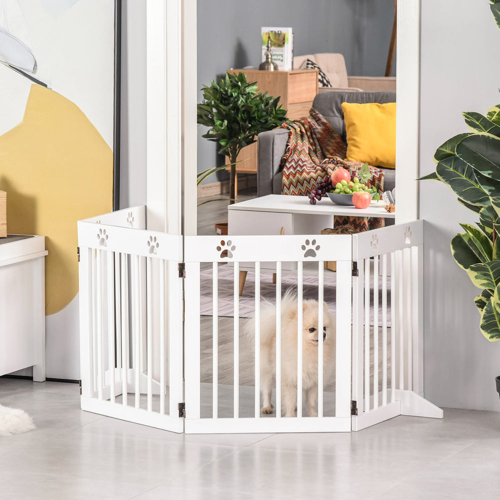 Freestanding Pet Gate 4 Panel Wooden Dog Barrier Folding Safety Fence with Support Feet up to 204cm Long 61cm Tall for Doorway Stairs White