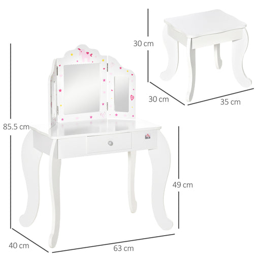 Kids Vanity Table & Stool Girls Dressing Set Make Up Desk Chair Dresser Play Set with Rotatable Mirrors Drawer Star & Heart Pattern White