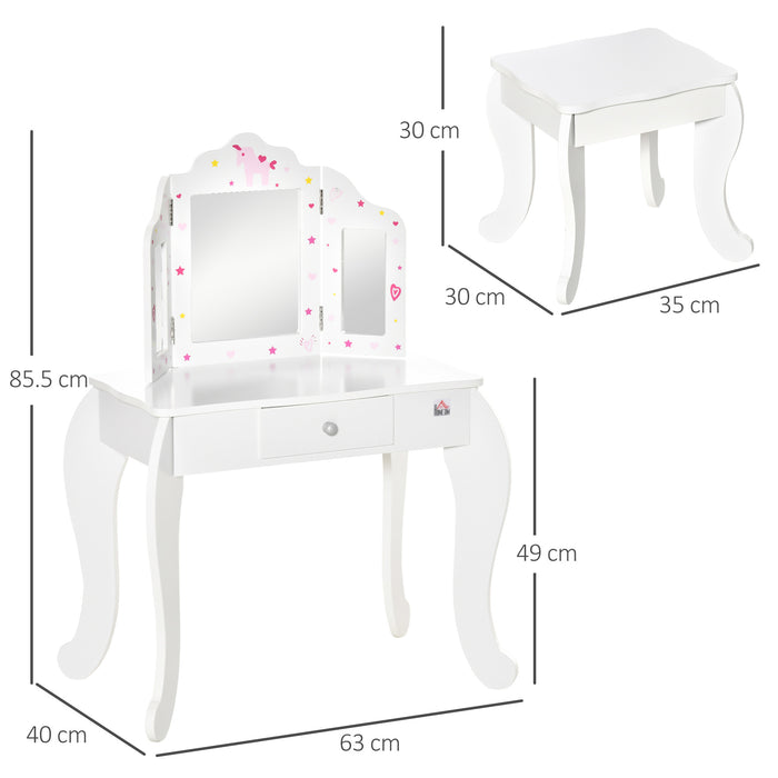 Kids Vanity Table & Stool Girls Dressing Set Make Up Desk Chair Dresser Play Set with Rotatable Mirrors Drawer Star & Heart Pattern White