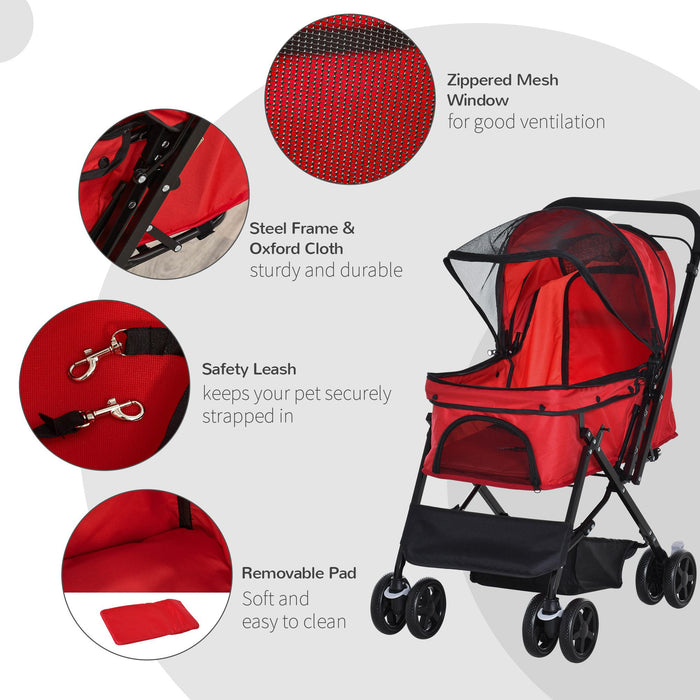 Pet Stroller Dog Cat Travel Pushchair Foldable Jogger with Reversible Handle EVA Wheel Brake Basket Adjustable Canopy Safety Leash for Small Dogs, Red