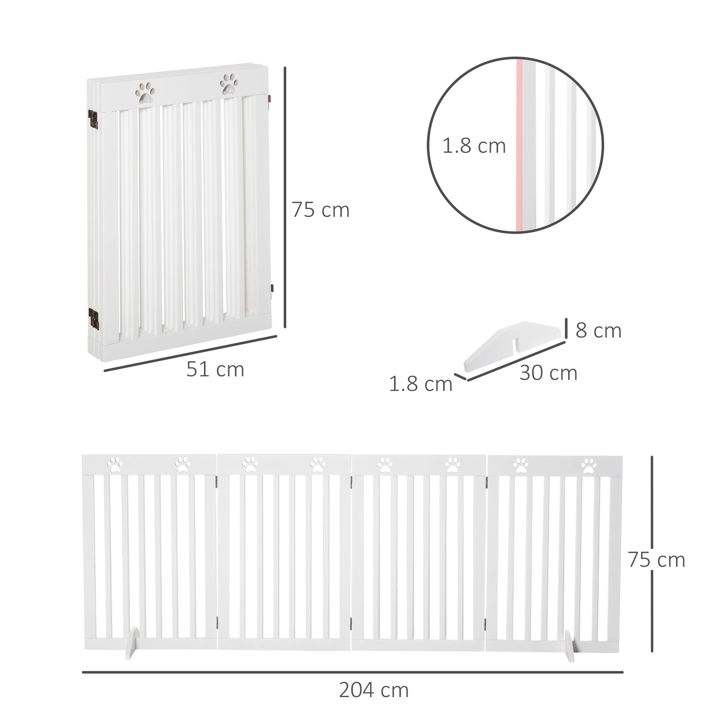 Freestanding Pet Gate 4 Panel Dog Barrier Folding Safety Fence with Support Feet up to 204cm Long 75cm Tall for Doorway Stairs White