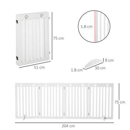 Freestanding Pet Gate 4 Panel Dog Barrier Folding Safety Fence with Support Feet up to 204cm Long 75cm Tall for Doorway Stairs White