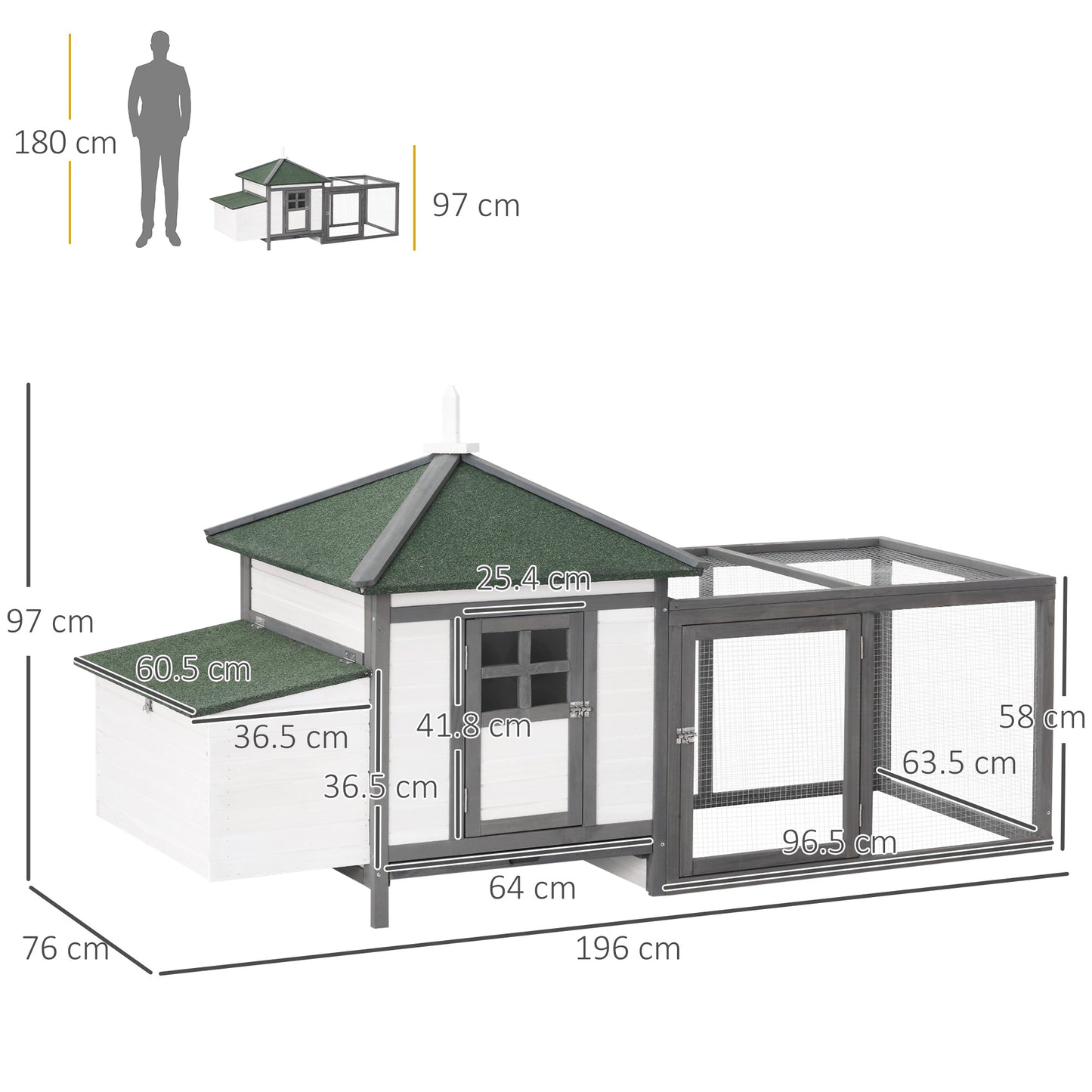 Chicken Coop with Run Hen House Poultry Coops Cages Pen Outdoor Backyard with Nesting Box 196 x 76 x 97cm Grey