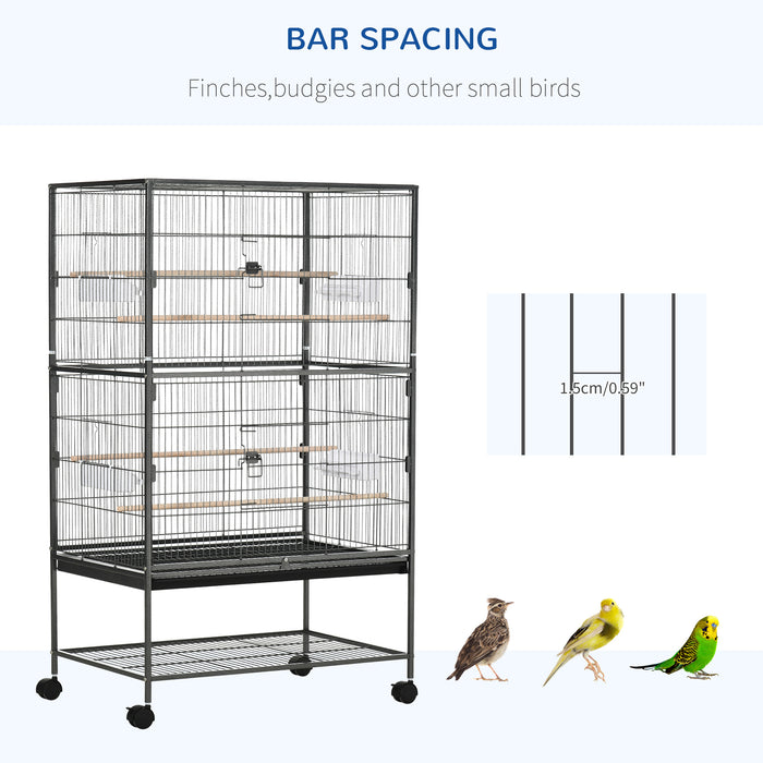 Large Bird Cage Budgie Cage for Finch Canaries Parakeet with Rolling Stand, Slide-out Tray, Storage Shelf, Food Containers, Grey