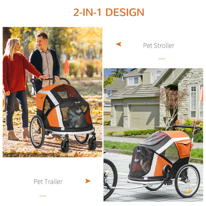 Dog Bike Trailer 2-in-1 Pet Stroller for Large Dogs Cart Foldable Bicycle Carrier Aluminium Frame with Safety Leash Hitch Coupler Reflector Flag Orange