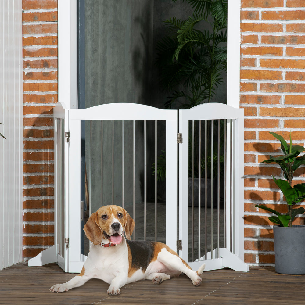 Foldable Dog Gate, Wooden Freestanding Pet Gate with 2 Support Feet, Dog Barrier for Doorways, Stairs, Halls - White