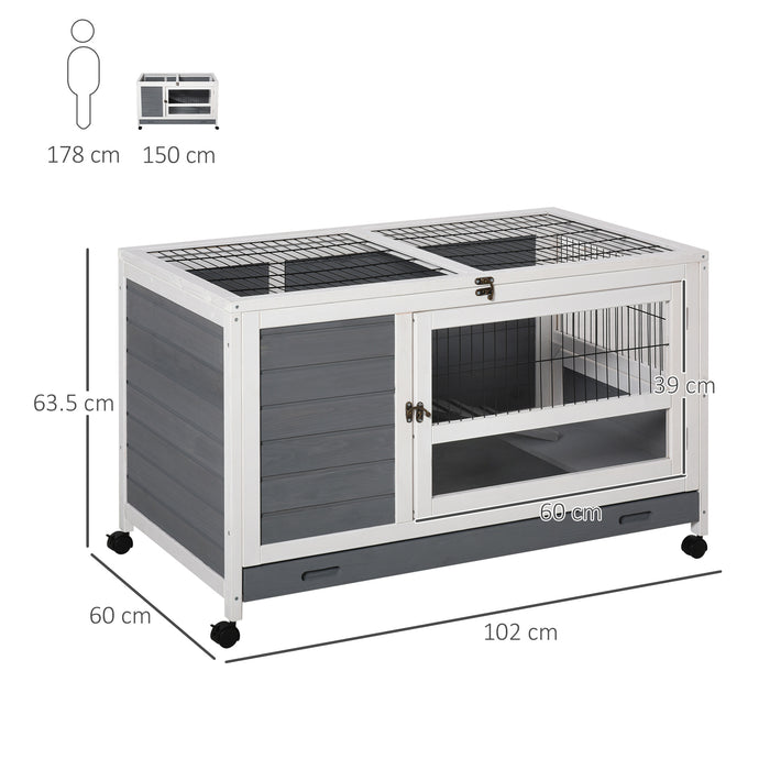 Wooden Rabbit Hutch Elevated Guinea Pig House Pet Bunny Cage with Slide-Out Tray Lockable Door Openable Roof Indoor 102 x 60 x 63.5cm Grey