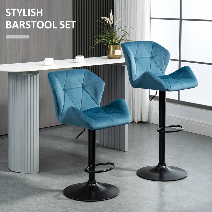 Bar Stools Set Of 2 Luxurious Velvet-Touch Barstools w/ Metal Frame Footrest Round Base Triangle Indenting Moulded Seat Adjustable Height Blue