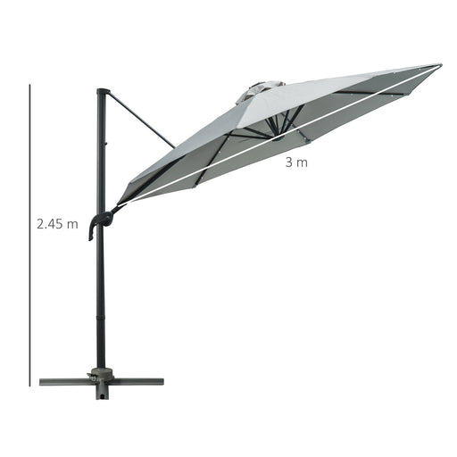 3(m) Cantilever Roma Parasol Patio Sun Umbrella with LED Solar Light Cross Base 360° Rotating Outdoor, Grey