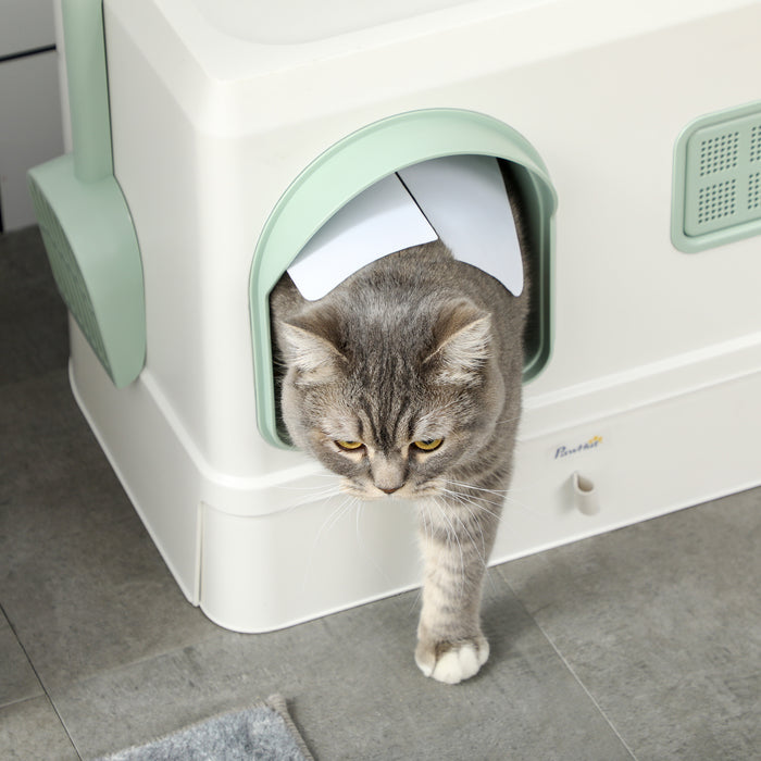 Cat Litter Box with Drawer Pan, Hooded Cat Litter Tray with Scoop, Deodorants, Front Entrance, 50 x 40 x 40cm - White