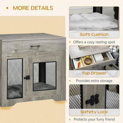 Indoor Dog Crate Furniture with Cushion, Double Doors, Pet Kennel End Table with Drawer, for Medium Dogs - Grey