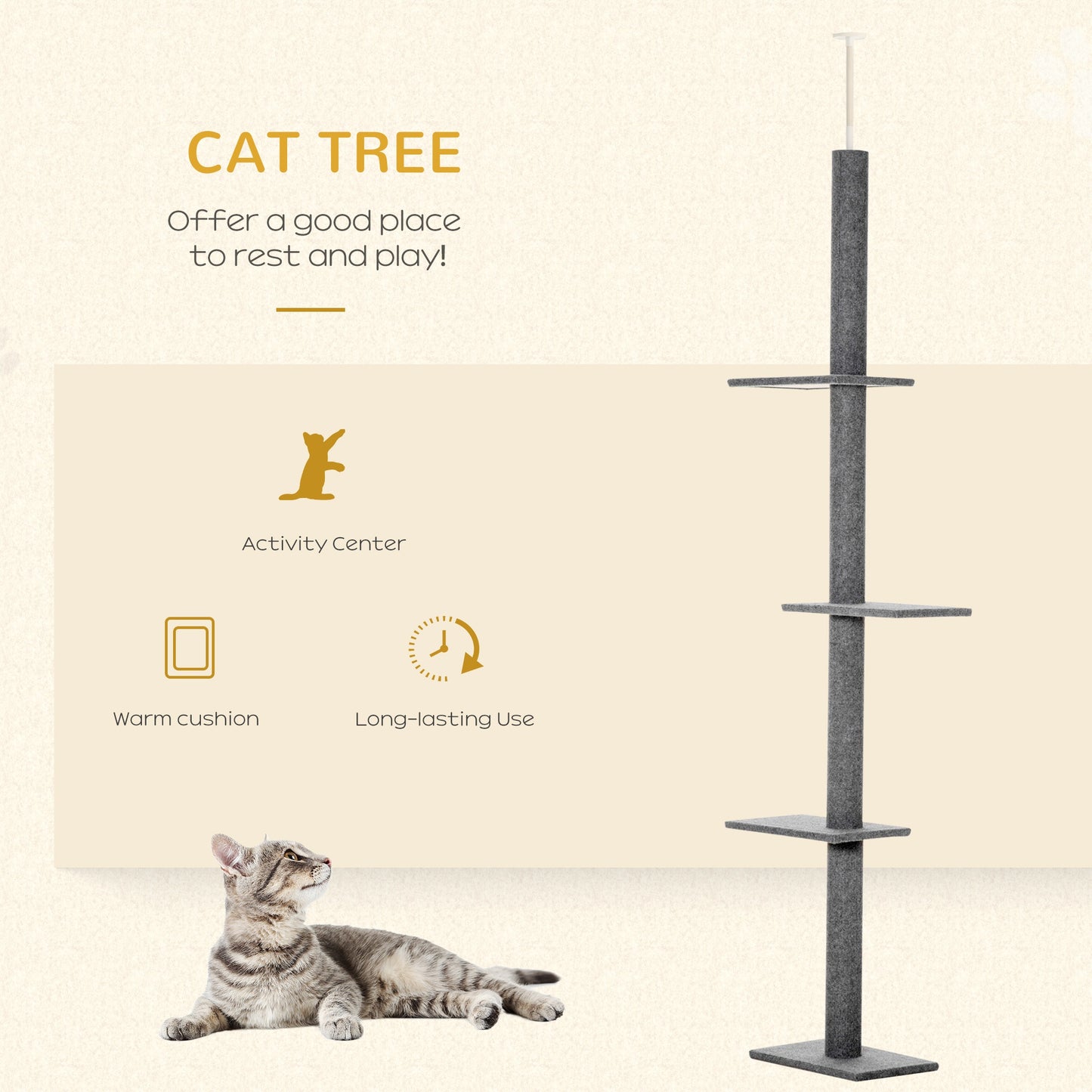 260cm Floor To Ceiling Cat Tree for Indoor Cats w/ Three Platforms Activity Centre - Grey