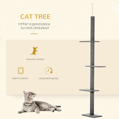 260cm Floor To Ceiling Cat Tree for Indoor Cats w/ Three Platforms Activity Centre - Grey