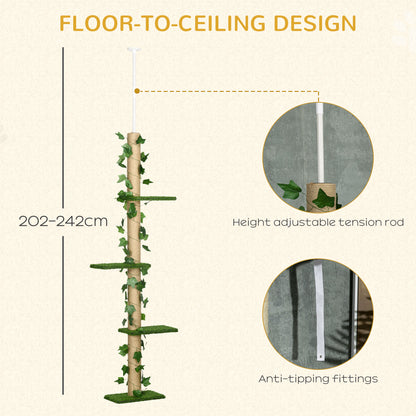 242cm Floor to Ceiling Cat Tree, Height Adjustable Kitten Tower w/ Anti-Slip Kit, Highly Simulated Multi-Layer Activity Centre w/ Perches, Scratching Post - Green