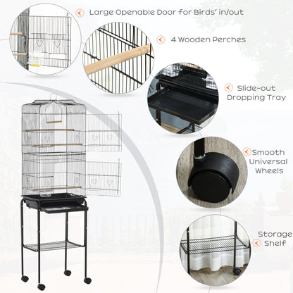 Bird Cage Budgie Cages for Finch Canary Parakeet with Stand Wheels Slide-out Tray Accessories Storage Shelf, Black 46.5 x 36 x 157 cm