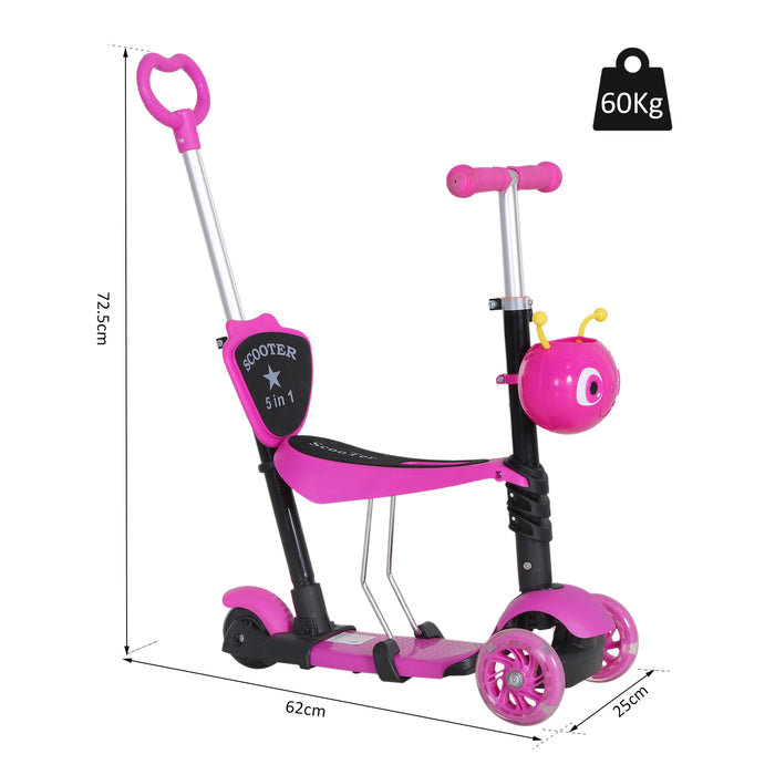 5-in-1 Kids Toddler 3 Wheels Mini Kick Scooter Push Walker with Removable Seat & Back Rest for Girls and Boys Pink