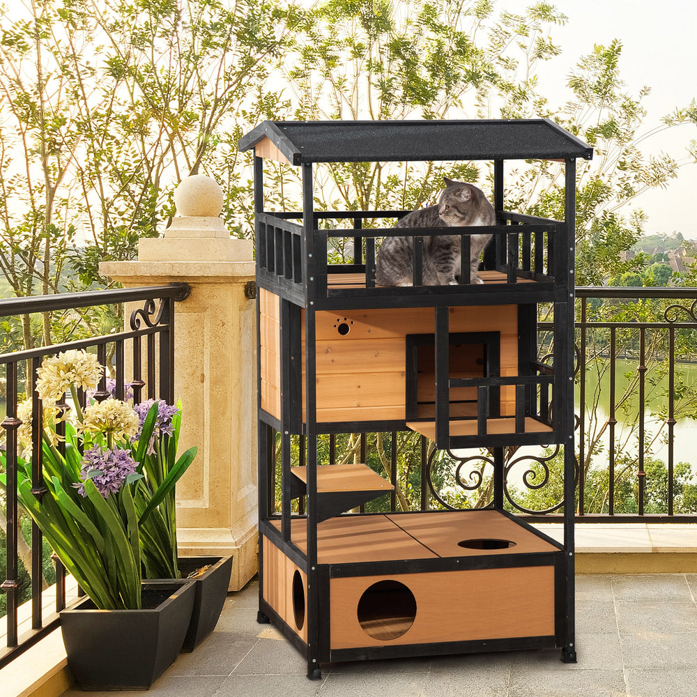 Wooden Outdoor Cat House 3 Tier for Winter Kitten Shelter Lodge w Til QuidsIn Superstore