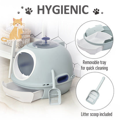 Cat Litter Box Toilet With Litter Scoop Enclosed Drawer Skylight Easy To Clean Blue