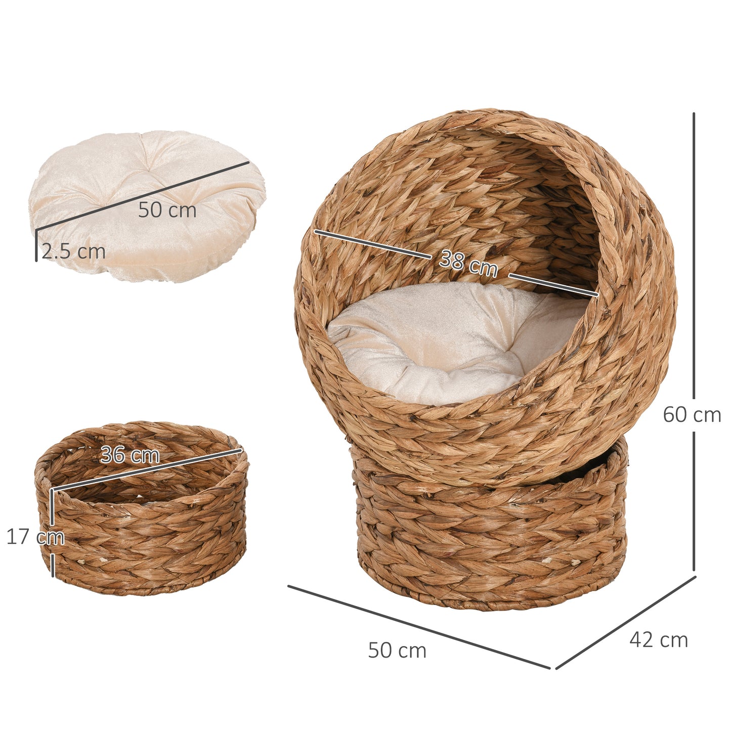 Wicker Cat House, Raised Cat Bed with Cylindrical Base, Soft Washable Cushion, Woven Water Hyacinth Cat Basket for Indoor and Outdoor, 50 x 42 x 60 cm - Brown