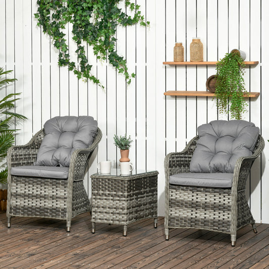 Outsunny 3 PCS Rattan Seating Set | 2 Armchairs & Table | Outdoor Patio Furniture, Bistro Set w/ Cushions Glass Tabletop