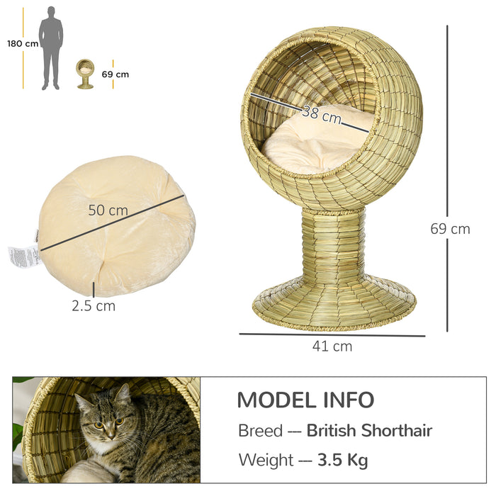 Raised Cat House, Natural Mat Grass Cat Bed, Kitten Cave with Cushion, Detachable Top, Yellow, âÃ­Â¬â41x 69 cm