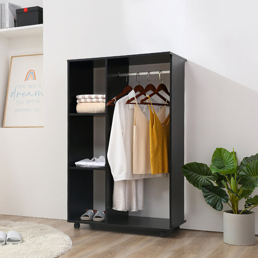 Open Wardrobe with Hanging Rail and Storage Shelves w/Wheels Bedroom- Black