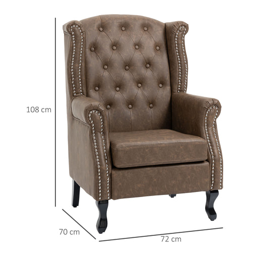 Wingback Armchair, Chesterfield-style High Back Fireside Chair, Tufted Upholstered Accent Chair with Nailhead Trim for Living Room, Bedroom, Home Office, Brown