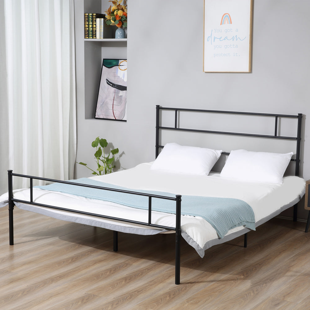 Double Metal Bed Frame Solid Bedstead Base with Headboard and Footboard, Metal Slat Support and Underbed Storage Space, Bedroom Furniture