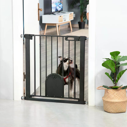Dog Gate with Cat Flap Pet Safety Gate Barrier, Stair Pressure Fit, Auto Close, Double Locking, for Doorways, Hallways, 75-82 cm Black