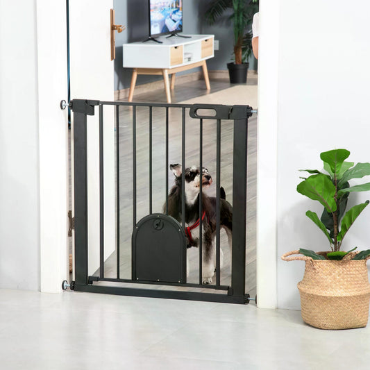 Dog Gate with Cat Flap Pet Safety Gate Barrier, Stair Pressure Fit, Auto Close, Double Locking, for Doorways, Hallways, 75-82 cm Black