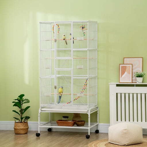 3 Tier Bird Cage with Stand, Wheels, Toys, Ladders, for Canaries, Finches, Cockatiels, Parakeets, Budgie Cage with Accessories, Storage Shelf - White