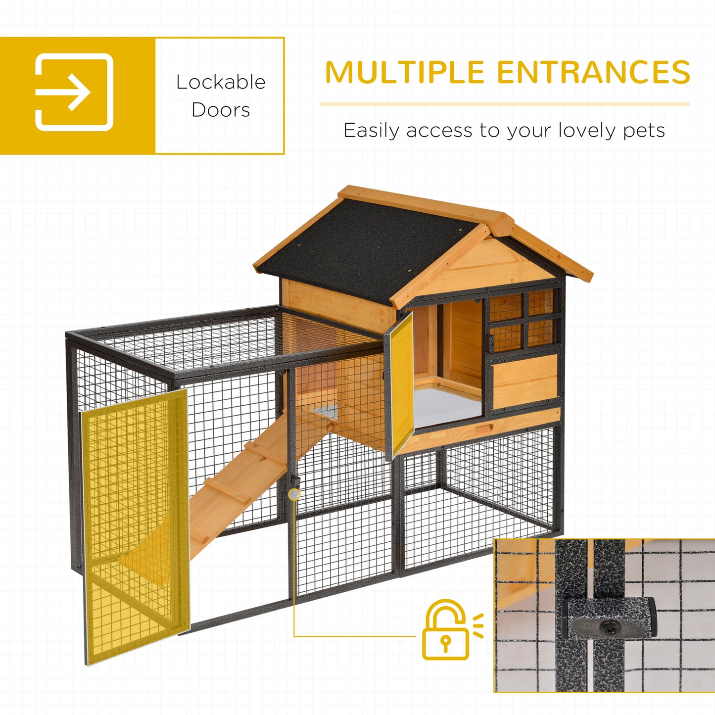 Wood-metal Rabbit Hutch Elevated Guinea Pig House Pet Bunny Cage with Slide-Out Tray Lockable Door Outdoor 122 x 63 x 92cm Light Yellow