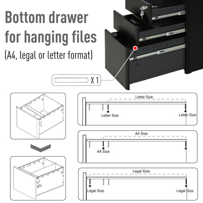 3-Drawer Lockable File Cabinet for Letter/legal/A4, Steel Metal Filing Cabinet,Home Office File Storage Cabinet with Wheel, Black
