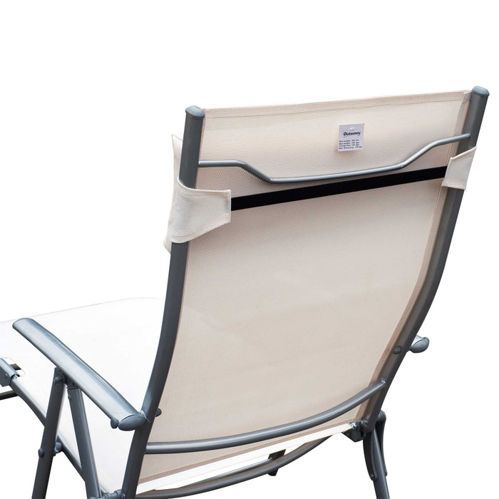 Garden Lounger Steel Frame Outdoor Folding Chaise Recliner with Headrest & 7 Levels Adjustable Backrest, 81.5L x 20.5W x 64.5H, Cream White