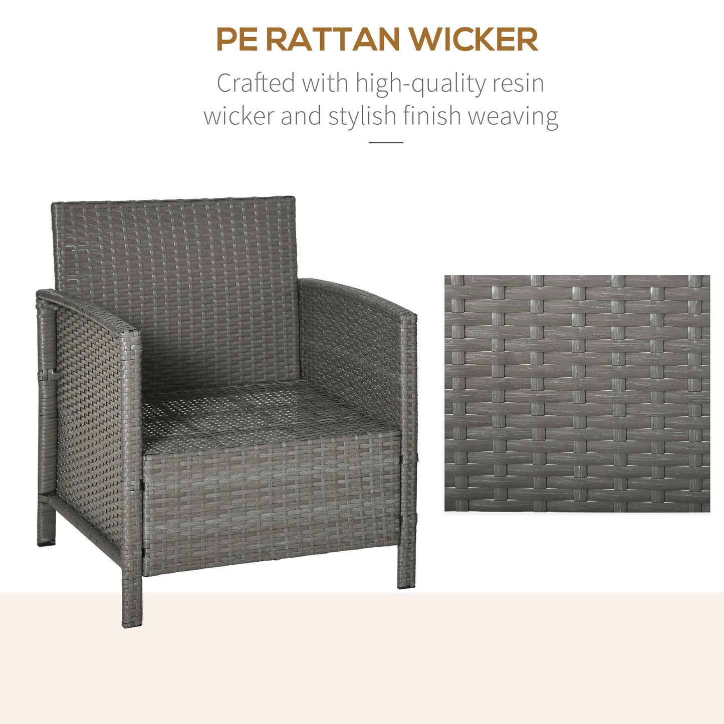 Rattan Garden Furniture 3 Pieces Patio Bistro Set Wicker Weave Conservatory Sofa Chair & Table Set with Cushion Pillow - Light Grey