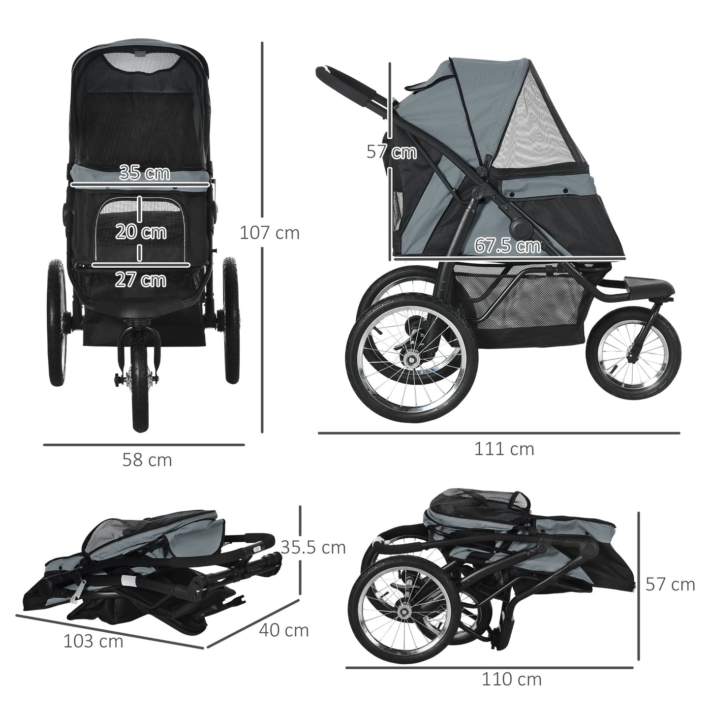 Pet Stroller Jogger for Medium, Small Dogs, Foldable Cat Pram Dog Pushchair w/ Adjustable Canopy, 3 Big Wheels - Grey